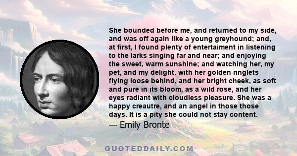 She bounded before me, and returned to my side, and was off again like a young greyhound; and, at first, I found plenty of entertaiment in listening to the larks singing far and near; and enjoying the sweet, warm