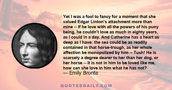 Yet I was a fool to fancy for a moment that she valued Edgar Linton's attachment more than mine -- If he love with all the powers of his puny being, he couldn't love as much in eighty years, as I could in a day. And