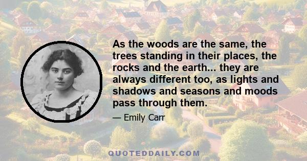 As the woods are the same, the trees standing in their places, the rocks and the earth... they are always different too, as lights and shadows and seasons and moods pass through them.