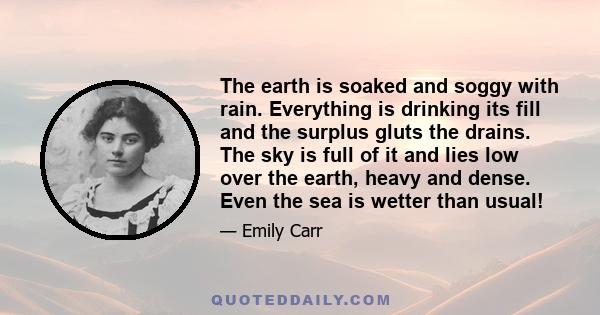 The earth is soaked and soggy with rain. Everything is drinking its fill and the surplus gluts the drains. The sky is full of it and lies low over the earth, heavy and dense. Even the sea is wetter than usual!