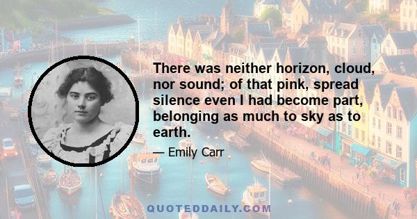 There was neither horizon, cloud, nor sound; of that pink, spread silence even I had become part, belonging as much to sky as to earth.