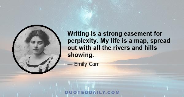 Writing is a strong easement for perplexity. My life is a map, spread out with all the rivers and hills showing.