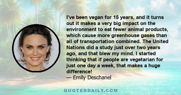 I've been vegan for 15 years, and it turns out it makes a very big impact on the environment to eat fewer animal products, which cause more greenhouse gases than all of transportation combined. The United Nations did a