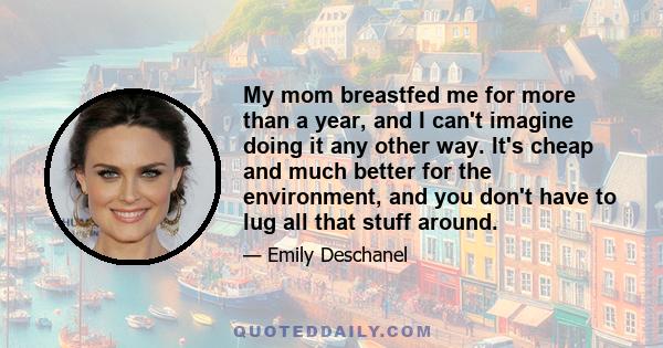 My mom breastfed me for more than a year, and I can't imagine doing it any other way. It's cheap and much better for the environment, and you don't have to lug all that stuff around.