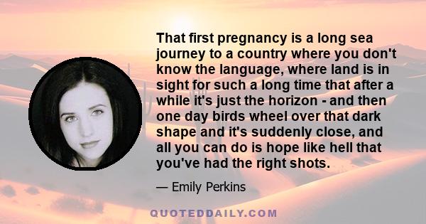 That first pregnancy is a long sea journey to a country where you don't know the language, where land is in sight for such a long time that after a while it's just the horizon - and then one day birds wheel over that