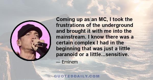 Coming up as an MC, I took the frustrations of the underground and brought it with me into the mainstream. I know there was a certain complex I had in the beginning that was just a little paranoid or a