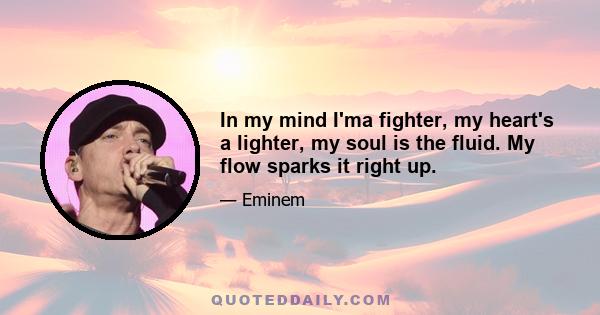 In my mind I'ma fighter, my heart's a lighter, my soul is the fluid. My flow sparks it right up.