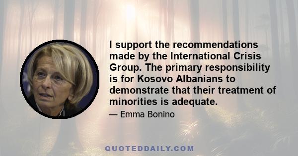 I support the recommendations made by the International Crisis Group. The primary responsibility is for Kosovo Albanians to demonstrate that their treatment of minorities is adequate.