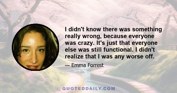 I didn't know there was something really wrong, because everyone was crazy. It's just that everyone else was still functional. I didn't realize that I was any worse off.