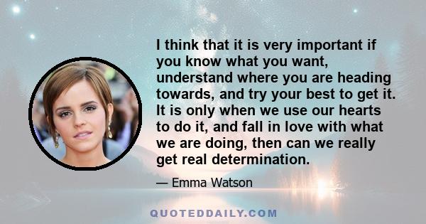 I think that it is very important if you know what you want, understand where you are heading towards, and try your best to get it. It is only when we use our hearts to do it, and fall in love with what we are doing,