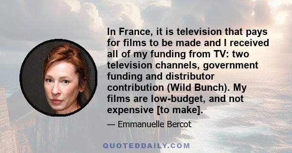 In France, it is television that pays for films to be made and I received all of my funding from TV: two television channels, government funding and distributor contribution (Wild Bunch). My films are low-budget, and