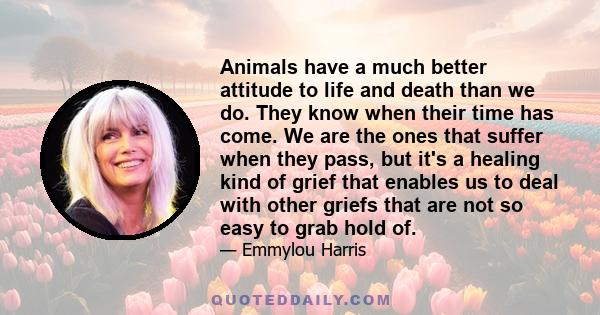 Animals have a much better attitude to life and death than we do. They know when their time has come. We are the ones that suffer when they pass, but it's a healing kind of grief that enables us to deal with other