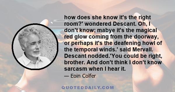 how does she know it's the right room?' wondered Descant. Oh, I don't know; mabye it's the magical red glow coming from the doorway, or perhaps it's the deafening howl of the temporal winds.' said Mervall. Descant