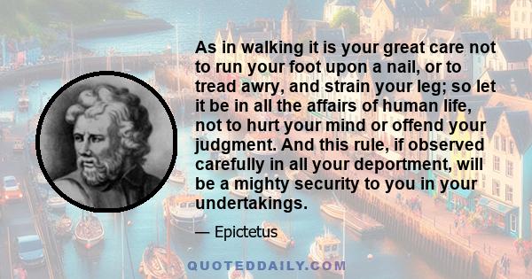 As in walking it is your great care not to run your foot upon a nail, or to tread awry, and strain your leg; so let it be in all the affairs of human life, not to hurt your mind or offend your judgment. And this rule,