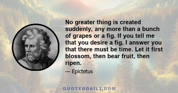 No greater thing is created suddenly, any more than a bunch of grapes or a fig. If you tell me that you desire a fig, I answer you that there must be time. Let it first blossom, then bear fruit, then ripen.