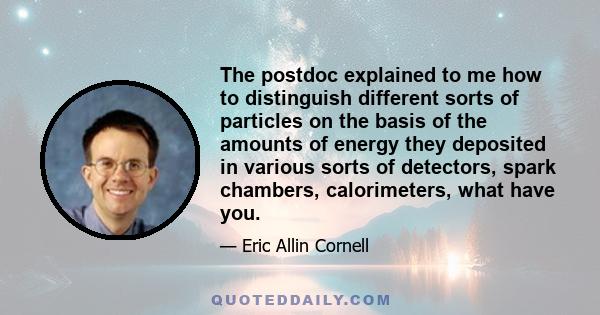 The postdoc explained to me how to distinguish different sorts of particles on the basis of the amounts of energy they deposited in various sorts of detectors, spark chambers, calorimeters, what have you.