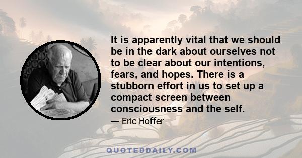 It is apparently vital that we should be in the dark about ourselves not to be clear about our intentions, fears, and hopes. There is a stubborn effort in us to set up a compact screen between consciousness and the self.