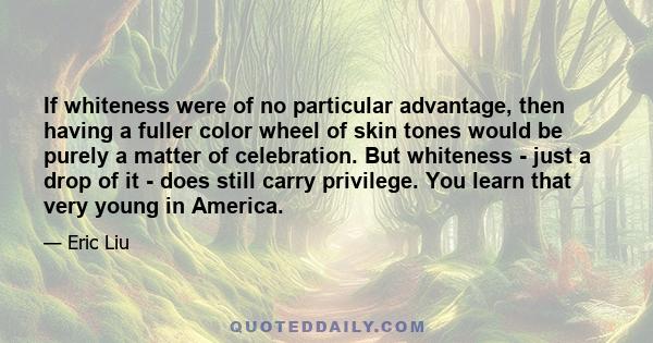 If whiteness were of no particular advantage, then having a fuller color wheel of skin tones would be purely a matter of celebration. But whiteness - just a drop of it - does still carry privilege. You learn that very