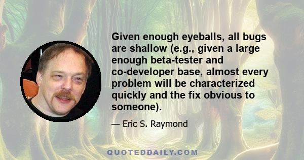 Given enough eyeballs, all bugs are shallow (e.g., given a large enough beta-tester and co-developer base, almost every problem will be characterized quickly and the fix obvious to someone).