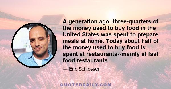 A generation ago, three-quarters of the money used to buy food in the United States was spent to prepare meals at home. Today about half of the money used to buy food is spent at restaurants--mainly at fast food