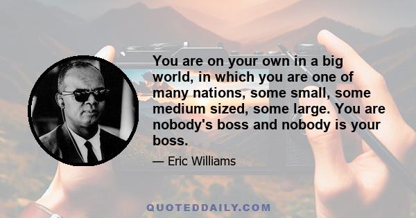 You are on your own in a big world, in which you are one of many nations, some small, some medium sized, some large. You are nobody's boss and nobody is your boss.