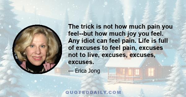 The trick is not how much pain you feel--but how much joy you feel. Any idiot can feel pain. Life is full of excuses to feel pain, excuses not to live, excuses, excuses, excuses.