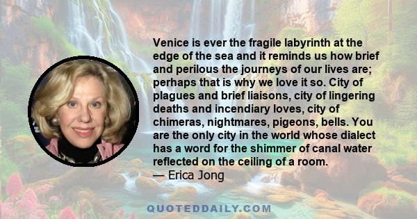 Venice is ever the fragile labyrinth at the edge of the sea and it reminds us how brief and perilous the journeys of our lives are; perhaps that is why we love it so. City of plagues and brief liaisons, city of