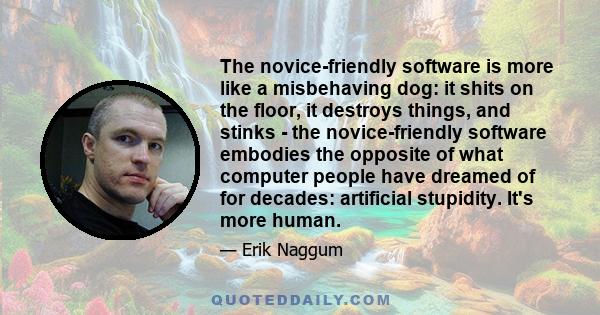 The novice-friendly software is more like a misbehaving dog: it shits on the floor, it destroys things, and stinks - the novice-friendly software embodies the opposite of what computer people have dreamed of for