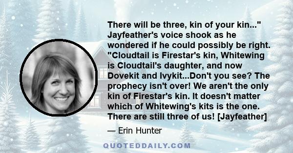 There will be three, kin of your kin... Jayfeather's voice shook as he wondered if he could possibly be right. Cloudtail is Firestar's kin, Whitewing is Cloudtail's daughter, and now Dovekit and Ivykit...Don't you see?