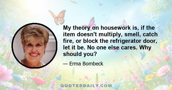 My theory on housework is, if the item doesn't multiply, smell, catch fire, or block the refrigerator door, let it be. No one else cares. Why should you?