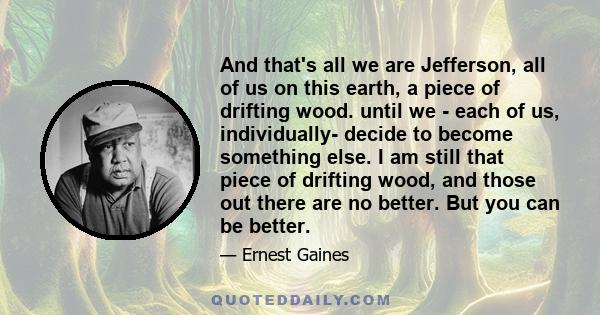 And that's all we are Jefferson, all of us on this earth, a piece of drifting wood. until we - each of us, individually- decide to become something else. I am still that piece of drifting wood, and those out there are