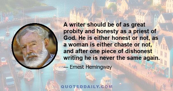 A writer should be of as great probity and honesty as a priest of God. He is either honest or not, as a woman is either chaste or not, and after one piece of dishonest writing he is never the same again.