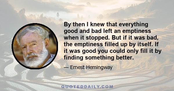 By then I knew that everything good and bad left an emptiness when it stopped. But if it was bad, the emptiness filled up by itself. If it was good you could only fill it by finding something better.