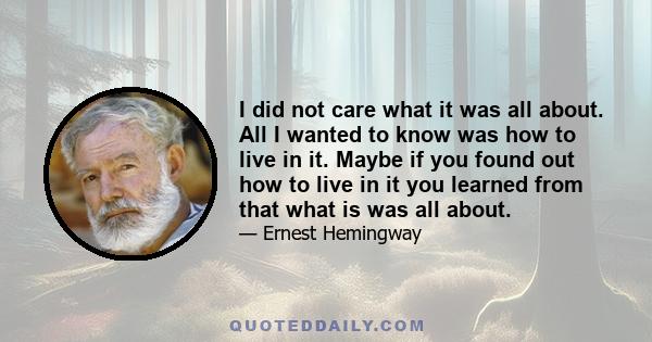 I did not care what it was all about. All I wanted to know was how to live in it. Maybe if you found out how to live in it you learned from that what is was all about.