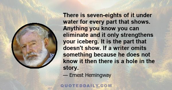 There is seven-eights of it under water for every part that shows. Anything you know you can eliminate and it only strengthens your iceberg. It is the part that doesn't show. If a writer omits something because he does