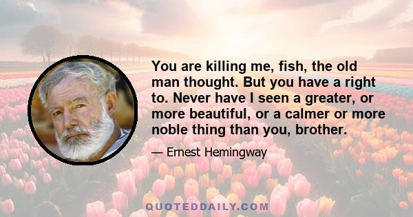 You are killing me, fish, the old man thought. But you have a right to. Never have I seen a greater, or more beautiful, or a calmer or more noble thing than you, brother.