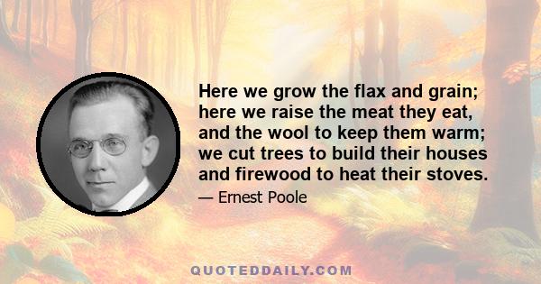 Here we grow the flax and grain; here we raise the meat they eat, and the wool to keep them warm; we cut trees to build their houses and firewood to heat their stoves.