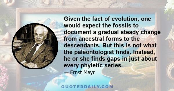 Given the fact of evolution, one would expect the fossils to document a gradual steady change from ancestral forms to the descendants. But this is not what the paleontologist finds. Instead, he or she finds gaps in just 