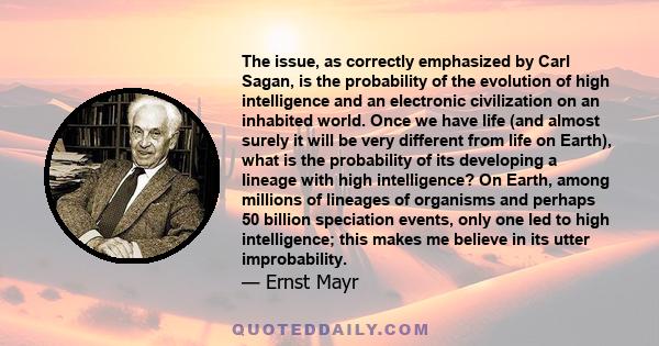 The issue, as correctly emphasized by Carl Sagan, is the probability of the evolution of high intelligence and an electronic civilization on an inhabited world. Once we have life (and almost surely it will be very