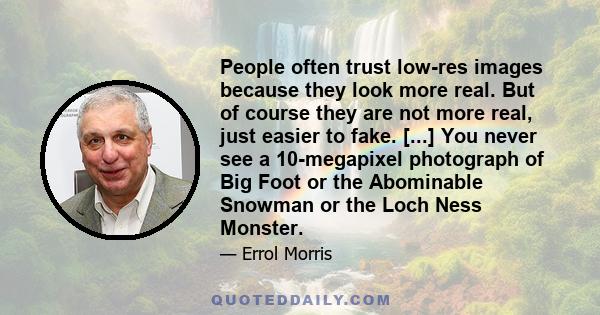 People often trust low-res images because they look more real. But of course they are not more real, just easier to fake. [...] You never see a 10-megapixel photograph of Big Foot or the Abominable Snowman or the Loch