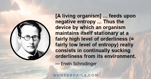 [A living organism] ... feeds upon negative entropy ... Thus the device by which an organism maintains itself stationary at a fairly high level of orderliness (= fairly low level of entropy) really consists in