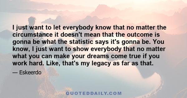 I just want to let everybody know that no matter the circumstance it doesn't mean that the outcome is gonna be what the statistic says it's gonna be. You know, I just want to show everybody that no matter what you can