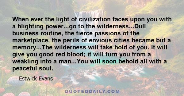 When ever the light of civilization faces upon you with a blighting power...go to the wilderness...Dull business routine, the fierce passions of the marketplace, the perils of envious cities became but a memory...The