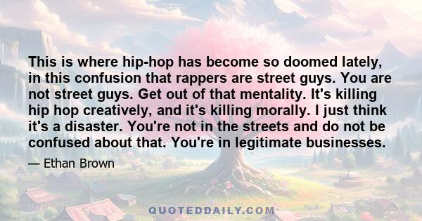 This is where hip-hop has become so doomed lately, in this confusion that rappers are street guys. You are not street guys. Get out of that mentality. It's killing hip hop creatively, and it's killing morally. I just