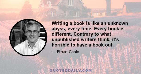 Writing a book is like an unknown abyss, every time. Every book is different. Contrary to what unpublished writers think, it's horrible to have a book out.