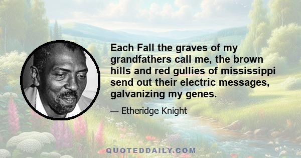 Each Fall the graves of my grandfathers call me, the brown hills and red gullies of mississippi send out their electric messages, galvanizing my genes.