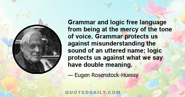 Grammar and logic free language from being at the mercy of the tone of voice. Grammar protects us against misunderstanding the sound of an uttered name; logic protects us against what we say have double meaning.