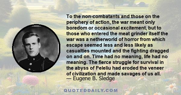 To the non-combatants and those on the periphery of action, the war meant only boredom or occasional excitement, but to those who entered the meat grinder itself the war was a netherworld of horror from which escape