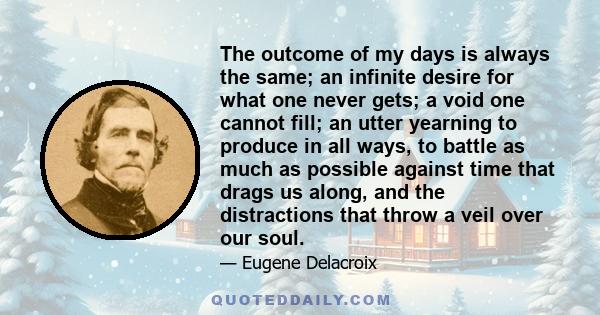 The outcome of my days is always the same; an infinite desire for what one never gets; a void one cannot fill; an utter yearning to produce in all ways, to battle as much as possible against time that drags us along,