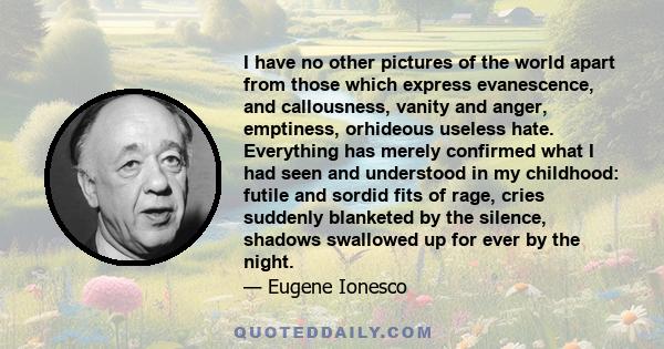 I have no other pictures of the world apart from those which express evanescence, and callousness, vanity and anger, emptiness, orhideous useless hate. Everything has merely confirmed what I had seen and understood in